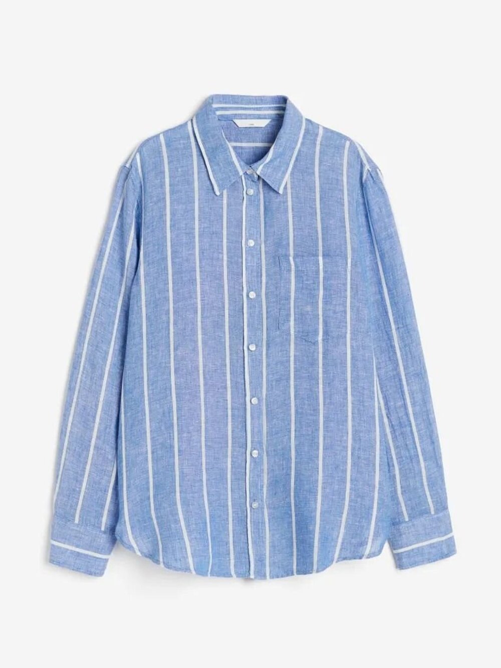 H&M I NWT Linen Striped Button-Down Shirt, Blue and White